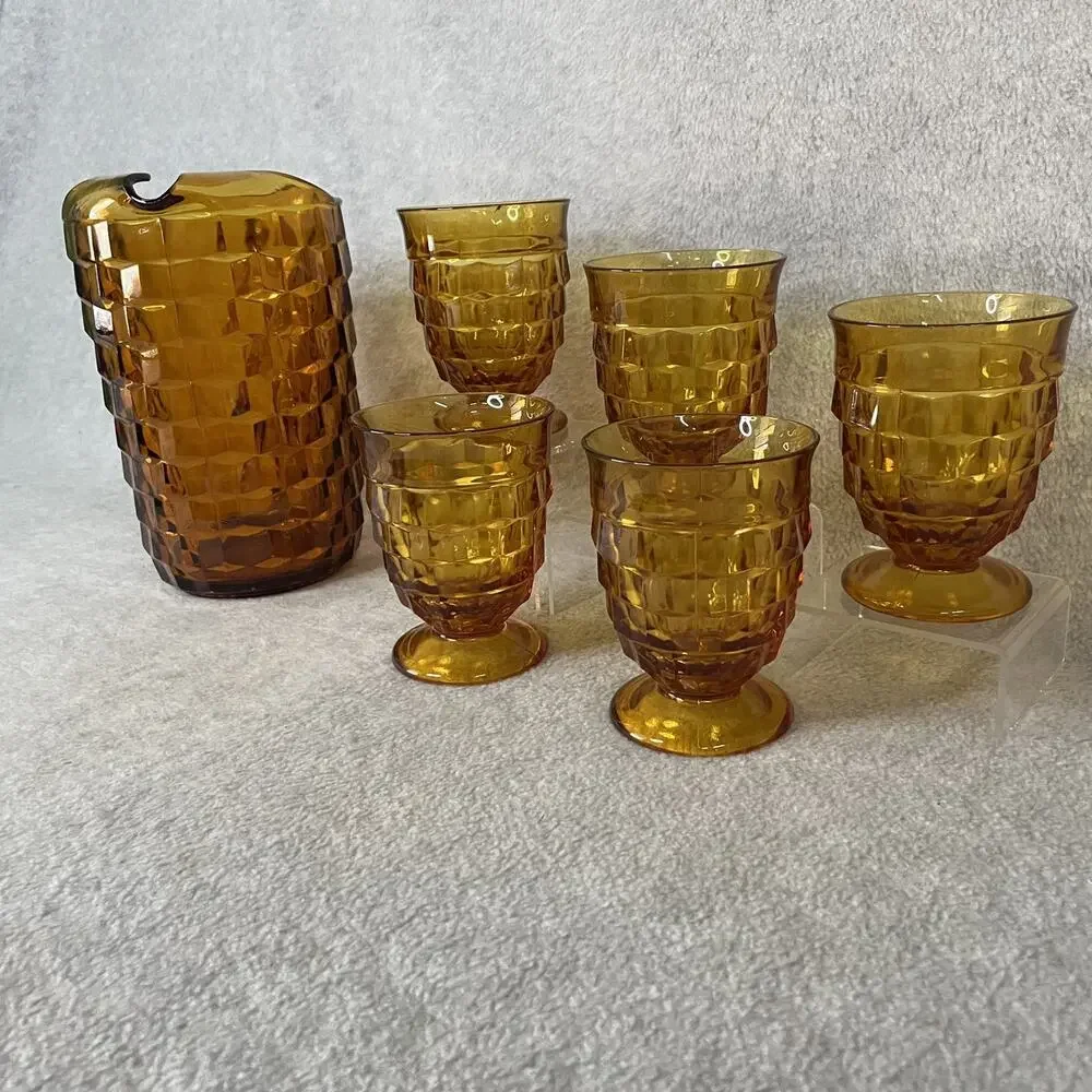 Indiana Glass Whitehall Colony Amber Vintage Pitcher & 5 Glasses
